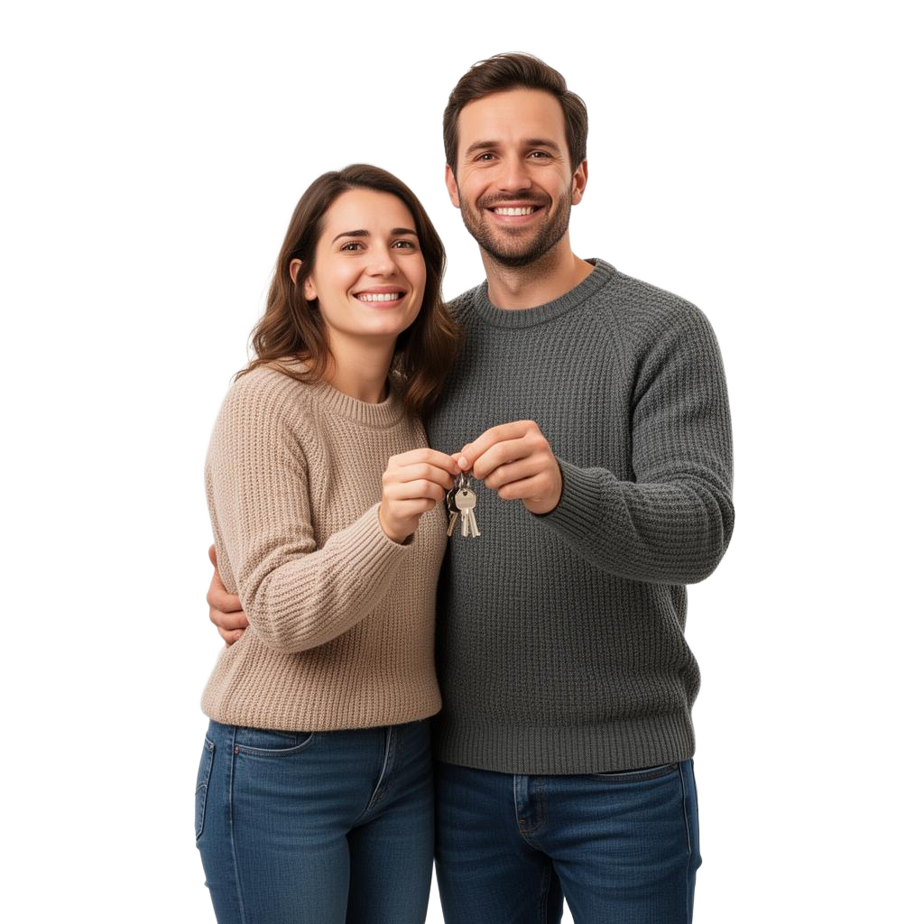 Happy homeowners with keys to their newly improved home